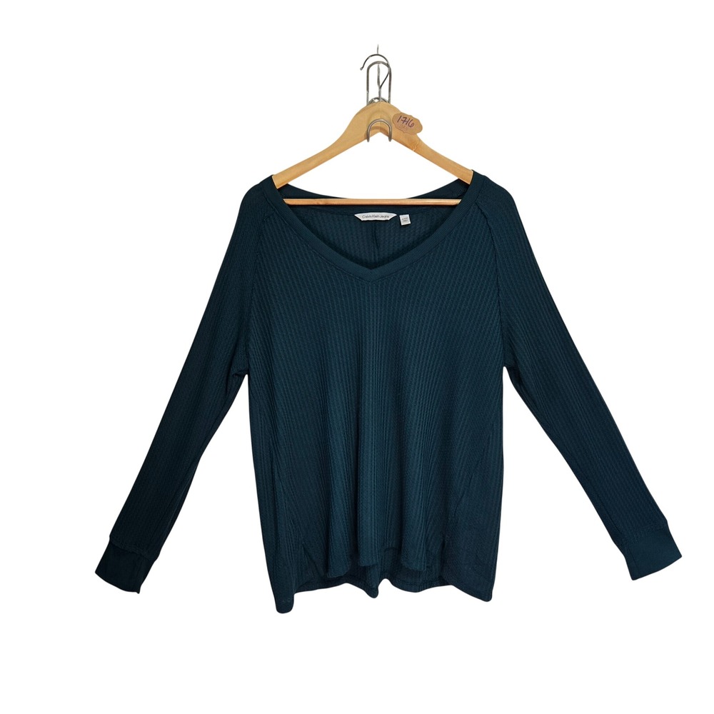 Calvin Klein Jeans Womens XL Teal Green Waffle Knit V-Neck Long Sleeve Top